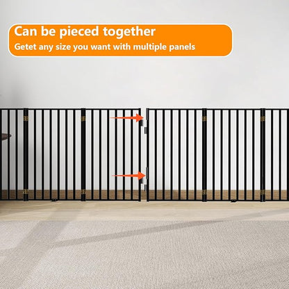 Free Standing Dog Gate with Door for Indoor Outdoor, Portable Dog Fence Foldable Design, Metal Black 32" Tall, Expandable 4 Panels Use for Front Door, Yard, Stairs