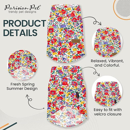Parisian Pet Floral Pattern Dog Shirt - 100% Cotton Summer Clothes - Stylish Beach Outfit - Hook and Loop Closure - Machine Washable - Medium Size