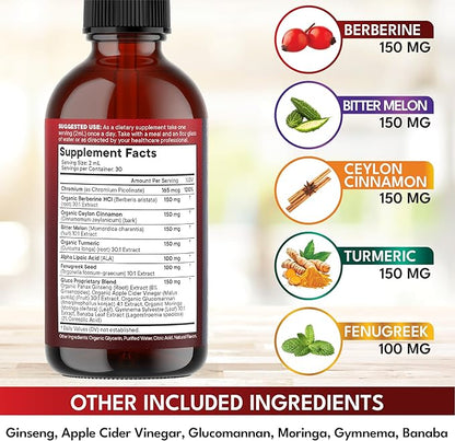 Berberine with Ceylon Cinnamon Supplement Liquid Drops + Bitter Melon Extract, Glucomannan, Gymnema, Chromium, Turmeric, Panax Ginseng, Moringa - 2 OZ