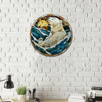 Lygond Metal Sign Tin Sign Circular Stained Glass Polar Bear Boho Decorations For Home For Gift 8×8 Inches