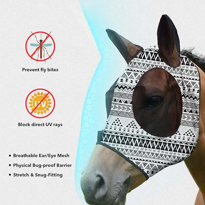 Harrison Howard Super Comfort Stretchy Fitting Horse Fly Mask with UV Protection Soft on Skin with Breathability Doodle Aztec Pony