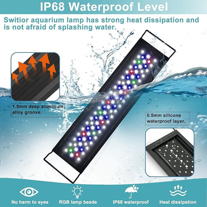 24/7 LED Aquarium Light, IP68 Waterproof Extendable Bracket Fish Tank Light with Timer, 7 Colors, 10 Level Adjustable Brightness, DIY Mode Full Spectrum Aquarium Plant Light for 12-18 Inch Fish Tank