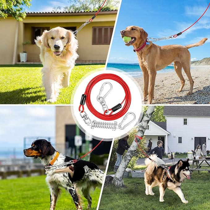 jenico Dog Tie Out Cable, 10/15/20/30/40/50/70/100/150FT Runner Cable with Swivel Hook and Shock Spring, Dog Leash Run Tether for Yard Outdoor and Camping,for Small to Medium Pets Up to 500 LBS