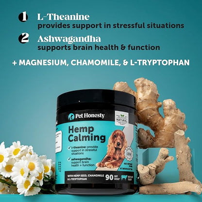 Natural Hemp Calming Chews for Dogs - Dog Anxiety Relief - Calming Aid Supplement with Valerian Root, Chamomile, + Magnesium - Stress, Separation & Thunder Support - (Beef Liver, 90 Count)