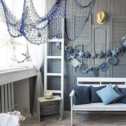 Nature Fish Net Wall Decoration with Shells, Ocean Themed Wall Hangings Fishing Net Party Decor for Pirate Party,Wedding,Photographing Decoration (Fishnet-2pack-Beige & Blue)
