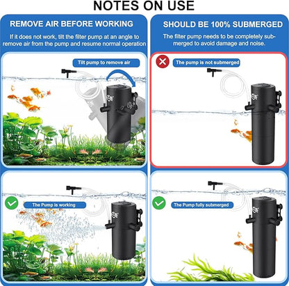 Aquarium Filter for 15-40 Gallon Tank, Submersible Fish Tank Filters with Wave-Maker Oxygenation Circulation, Adjustable Air Flow Filter for Freshwater & Saltwater (8W)