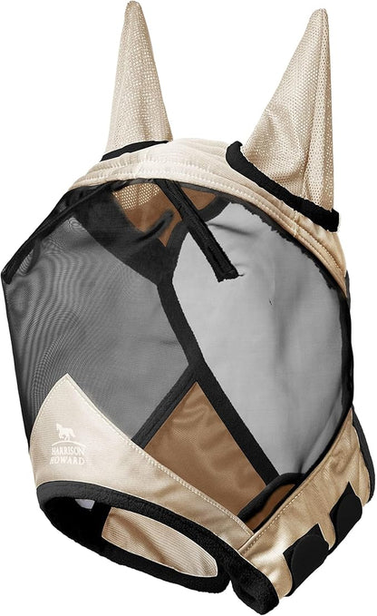 Harrison Howard Pro Luminous Horse Fly Mask Standard with Ears UV Protection for Horse Light Champagne Large Full Size