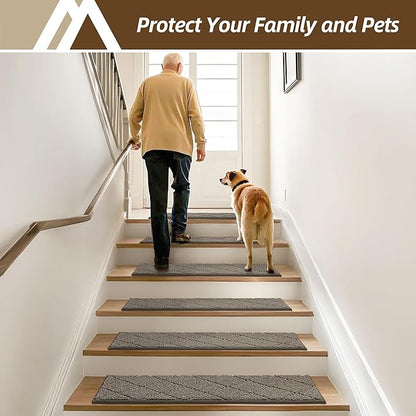 COSY HOMEER Stair Treads for Wooden Steps 9"x28" Washable Indoor Carpet Stair Treads Non Slip Soft Polyester Stair Carpet Tread Reusable Stair Runner Rugs for Kids, Elders,Pets,Light Brown,10pcs