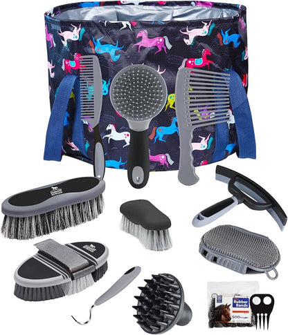 Harrison Howard Horse Grooming Kit 11-Piece Equine Care Series Horse Brush Sets with Organizer Tote Bag Tack Room Supplies Shedding Grooming Massaging Tools Black Brushstroke Ponies