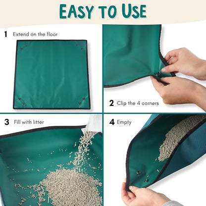 Travel Litter Box for Cats (3in1 Kit) – Foldable Litterbox + Litter Bag + Scooper (Portable Litter Box for Cat Traveling) Collapsible Litterbox for Car Travel with Cat, Camping, Plane
