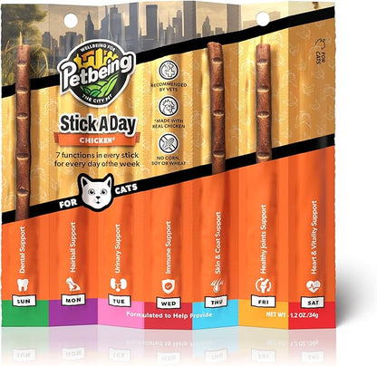 Stick a Day | Specially Formulated 7-in-1 Functions Daily Real Meat Supplement for Cats | Cat Chew Stick & Pet Vitamins Supplements Combination (7-Pack x 4, Mix)