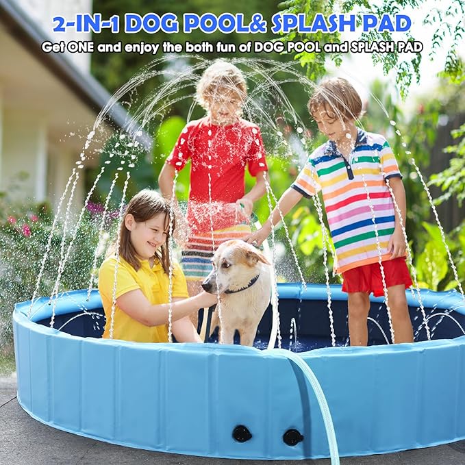 87" Large Dog Pool with Sprinkler, 2-in-1 Foldable Swimming Pool Non-Slip Hard Plastic Splash Sprinkler Kiddie Pool for Outdoor Backyard Kids Dogs Ducks and Pet Baths
