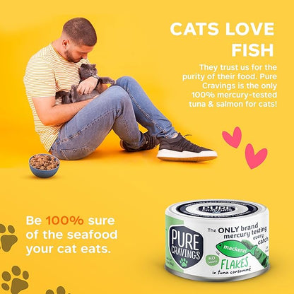 Mackerel Flakes in Tuna Consommé, Canned Wet Cat Food Soup, 100% Mercury-Tested, Moist Can Fish, Grain-Free Protein, Non-GMO, 3oz, Pack of 12