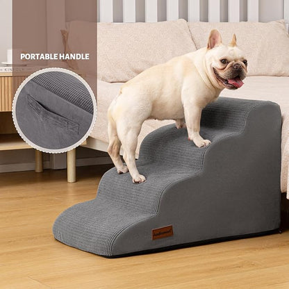 4-Step Dog Stairs and Ramp for Beds or Couches – Non-Slip Sturdy Pet Steps for Small Dogs and Cats,17.4" H,Grey
