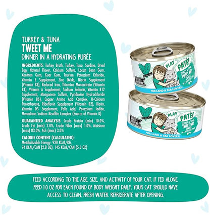 Weruva B.F.F. Play - Best Feline Friend Paté Lovers, Aw Yeah!, Turkey & Tuna Tweet Me! with Turkey & Tuna, 5.5oz Can (Pack of 8)