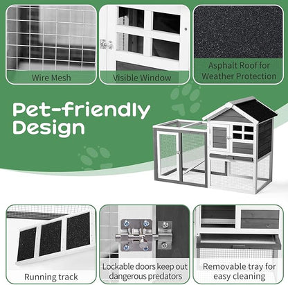 Outvita Rabbit Hutch, Small Wood Chicken Coop, 48" Guinea Pig Cage w/Pull-Out Tray, Waterproof Asphalt Roof, Chicken Run, Interactive Door for Small Animal Pen Outdoor
