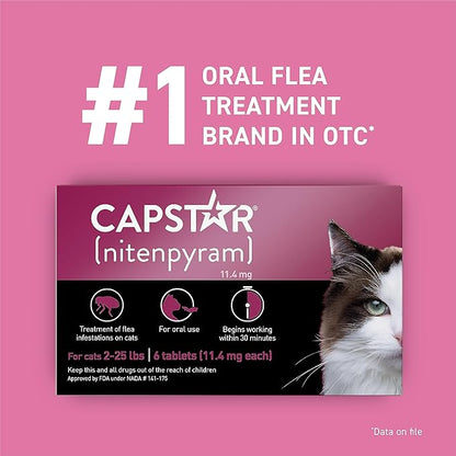 Capstar (nitenpyram) for Cats, Fast-Acting Oral Flea Treatment for Cats 2-25 lbs, Vet-Recommended Flea Medication Tablets Start Killing Fleas in 30 Minutes, 12 Doses