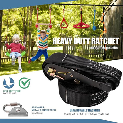 Slsy 60FT Ninja Warrior Obstacle Course (13 Obstacles), Ninja Slackline Kit for Kids, Durable Playset Equipment with 13 Most Complete Set-Monkey Bar,Swing, Balance Belt, Climbing Ladder & Net