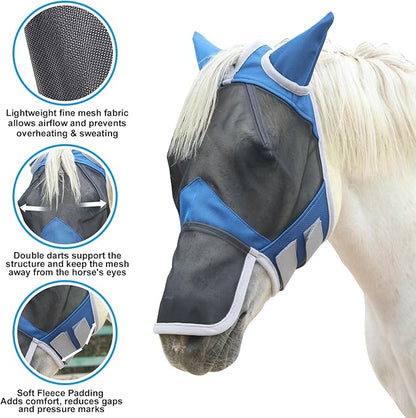 Horse Fly Mask with Ears & Long Nose Cover | Forelock Opening for Tangle-Free Mane Care | UV Protection & Breathable Mesh | No Rub Fit and Enhanced Visbility for Trail Riding RoyalBlue Pony
