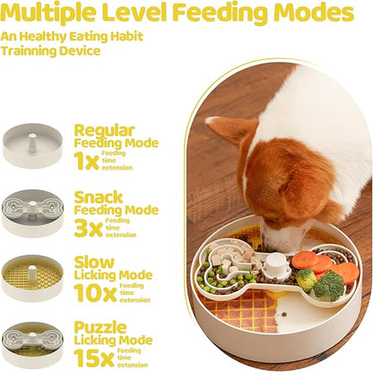 Slow Feeder Dog Bowl with Lick Mat and Puzzle Inserts - Non-Slip Base, Adjustable Speed Design, Dishwasher Safe for Large Dogs,Yellow