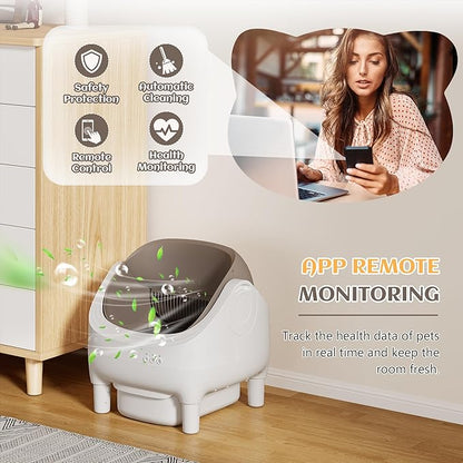 Greesum Automatic Self-Cleaning Litter Box for Cats - Open-Top Design, Easy Odor Control, Smart APP Control, 15L Large Waste Bin, Includes Trash Bags & Mat (Brown)
