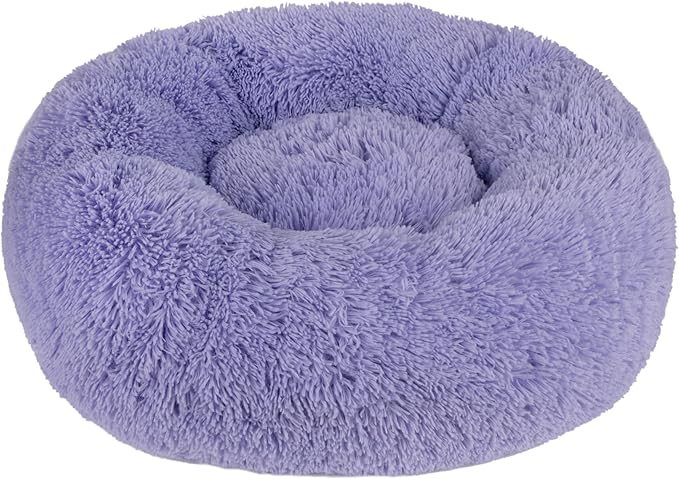 Best Pet Supplies Round Donut Dog Bed with Plush Faux Fur Fabric, Calming, Anti-Anxiety Cushion for Indoor Pets, Slip-Resistant Base, Soft Ergonomic Support - Lavender, 20x20x6''