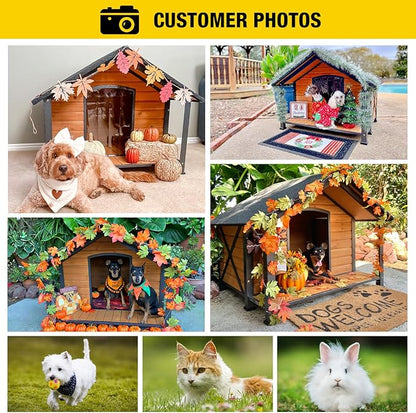 Aivituvin Dog House with Insulated Liner Outdoor All-Around Iron Frame Dog Kennel Outside with Overhang Roof Large Porch Weatherproof