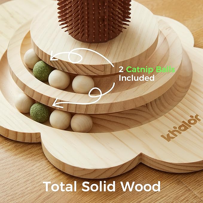 Cat Sisal Scratching Post, 4 in 1 Wooden Cat Scratcher Toy with Groomer, 24" Tall Scratch Post with 2-Layer Interactive Track Balls, Cat Climbing Tree with 2 Hanging Balls for Kittens