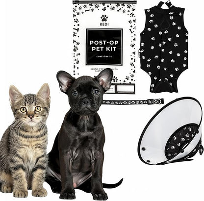 Cat Recovery Cone Kit Post Surgical Soft Pet Vest, Collar, and Non-Irritating Protection Cone for Cats - Comfortable Injury Care Solution (Black with White Paws, Small)