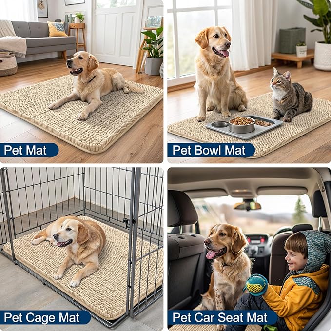 Smiry Dog Door Mat for Muddy Paws 24x16, Absorbs Moisture and Dirt Doormat, Non-Slip Washable Quick Dry Chenille Front Door Mat Indoor Entrance, Entryway Carpet for Inside Floor, Beige