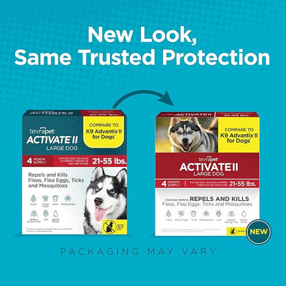TevraPet Activate II Flea and Tick Prevention for Dogs | 4 Count | Large Dogs 21-55 lbs | Topical Drops | 4 Months Flea Treatment