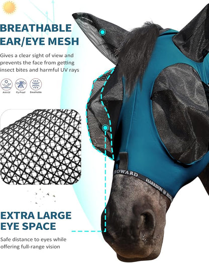 Harrison Howard Horse Fly Mask with Forelock Opening Stretch Breathable and Comfortable for Horses UV -Protection Peacock Blue L