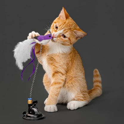 Playology Cat Toy Suction Cup Spring Bird Set | Interactive Toy with Lifelike Feather Birds & 2 Spring Replacements| Secure Suction Cup with Unpredictable Movement | Perfect for Active Indoor Cats