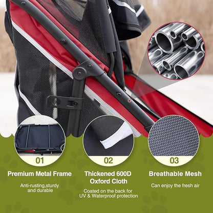 Dog Stroller for Medium/Large Dogs One-Click Folding, Extra Large Pet Stroller for 2 Dogs with Storage Pocket & Shock Absorption, Up to 130 lbs, Red