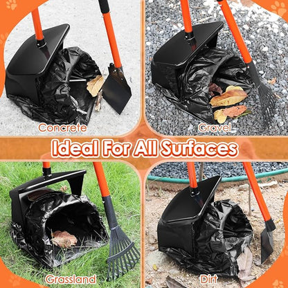 SlowTon Dog Pooper Scooper - 37.4" Long Handle Adjustable Metal Swivel Bin & Rake & Spade Kit with 20 Waste Bags, Portable Pooper Scooper for Gravel Lawn Grass, Suit for Small Medium Large Dog