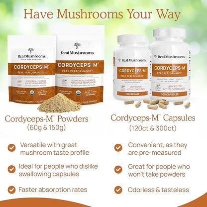 Real Mushrooms Capsules Supplements - Organic Cordyceps Mushroom Powder in Capsules - Energy and Performance Mushrooms with Verified Beta Glucans - Vegan, Non-GMO, 300 Capsules