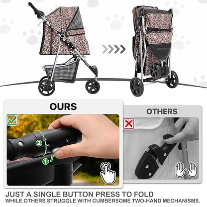 MoNiBloom 3 Wheels Pet Dog Cat Stroller for Small Medium Dogs Cats, Lightweight Foldable Jogger Stroller w/Storage Basket & Cup Holder, Leopard Print