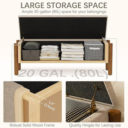 Modern Storage Benches with Walnut Wood Legs, 47'' Ottoman Bench with 20 Gallons Storage Space for Bedroom End of Bed, Fabric Upholstered Entryway Bench with Seating for Livingroom, Beige