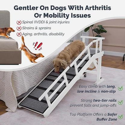 Dog Ramp for Bed or Couch, Wooden Pet Ramp with 20° Gentle Slope, Removable Side Rails, Non-Slip Surface, Top Platform & Wheels, Safe Bed Ramp for Small, Medium & Senior Dogs, 60" Long, White