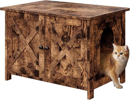 Vongrasig Cat Litter Box Enclosure,Litter Box Furniture Hidden with Barn Door,Wooden Cat Washroom Furniture,Cat House,End Table, Fit Most of Litter Box, Brown