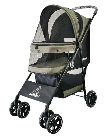 ROODO 4 Wheel Dog Cat Pet Stroller Best Lightweight Foldable Compact Portable Jogger All Terrain Travel Pet Gear Puppy Doggie Bunny Kitty Stroller for up to 30lbs Medium Small Dogs Cats(sage Green)