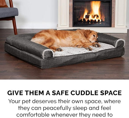 Furhaven Cooling Gel Dog Bed for Large/Medium Dogs w/ Removable Bolsters & Washable Cover, For Dogs Up to 55 lbs - Luxe Faux Fur & Performance Linen Sofa - Charcoal, Large