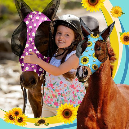 Qualirey12 Pieces Horse Fly Mask Bulk Comfortable Elasticity Mask for Horses with Ears Net UV Protection Breathable Horse Supplies Face Covering for Horse Pony and Foal (Flower Patterns, Large)