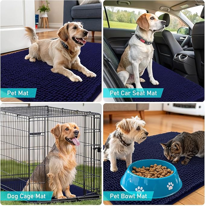 OLANLY Dog Door Mat Set 2-Piece 24x16, Absorbs Moisture and Dirt, Absorbent Non-Slip Washable Doormat, Quick Dry Chenille Mud Mat for Dogs, Entry Indoor Entryway Carpet for Inside Floor, Navy Blue