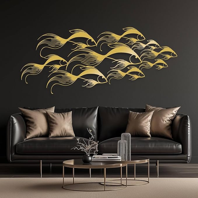 School of Fish Metal Wall Art, Metal Fish Wall Decor, Sea Life Wall Art, Large Nautical Wall Hanging, Modern Beach House Wall Decor, Ocean Themed Artwork for Bathroom (Black, 48"x20" | 121x51cm)