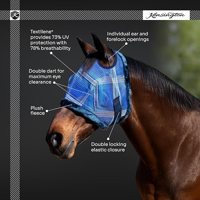 Kensington UV Fly Mask with Fleece Trim - Protective Mask with Dual Ear Opening & Forelock Freedom - Large, Lavender Mint