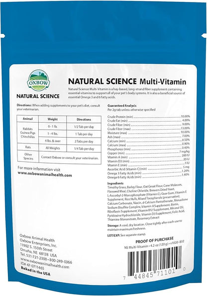 Oxbow Animal Health Natural Science Multi-Vitamin, High Fiber Supplement for Rabbit & Guinea Pig, Made with Timothy Hay, Multi-Pet Households, Omega 3 & 6 Fatty Acids, Made in USA, 4.2 oz Bag