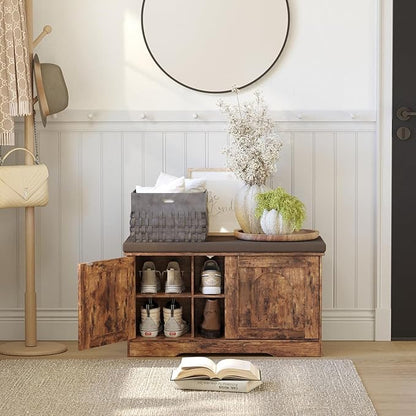 DINZI LVJ Shoe Bench, Entryway Storage Bench with Doors, Cushion, 2-Tier Shoe Rack with 6-Cubby, 31.5”L x 13.8”W Shoe Organizer Cabinet, Adjustable Shelf, Living Room, Bedroom, Rustic Brown