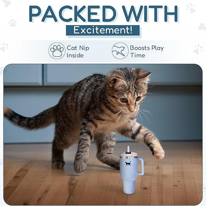 Kitty Cup Tumbler Cat Toy – Funny Cat Birthday Gifts with Catnip & Crinkle Paper, Cute Girl Kitten Toys (Chambray Blue)