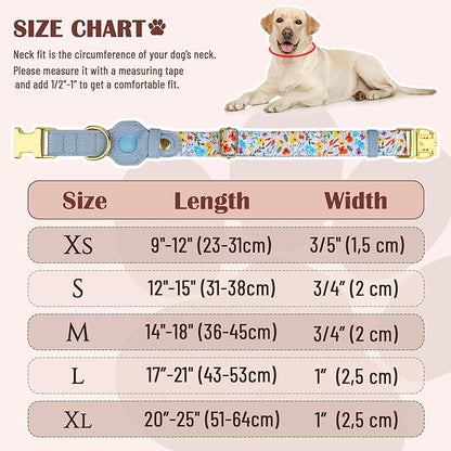 AirTag Dog Collar for Small Medium Large Breed - Adjustable Cute Pattern Dog Collar with Airtag Holder - Soft Leather Tracker GPS Apple Air Tag Pet Collars (Large, 17"-21" Neck Fit, Floral)